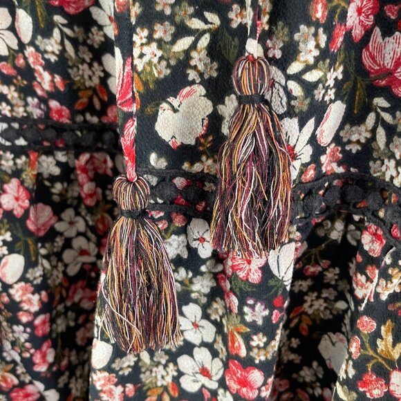 Knox Rose Womens XL Floral Blouse Square Neck Long Sleeve Boho Tassel Tie Shirt - Picture 10 of 11